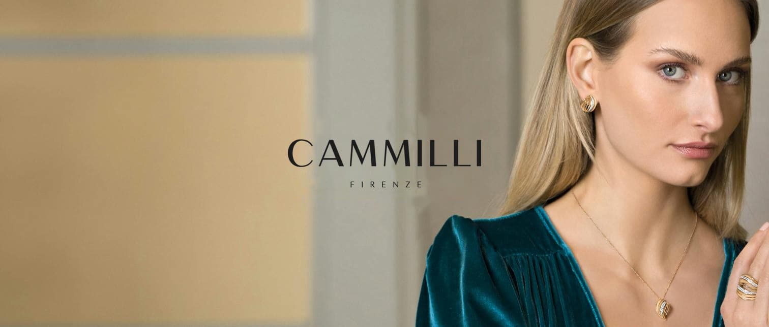 Visore Cammilli Firenze Logo e in sfondo una modella che indossa i gioielli di Cammilli Firenze