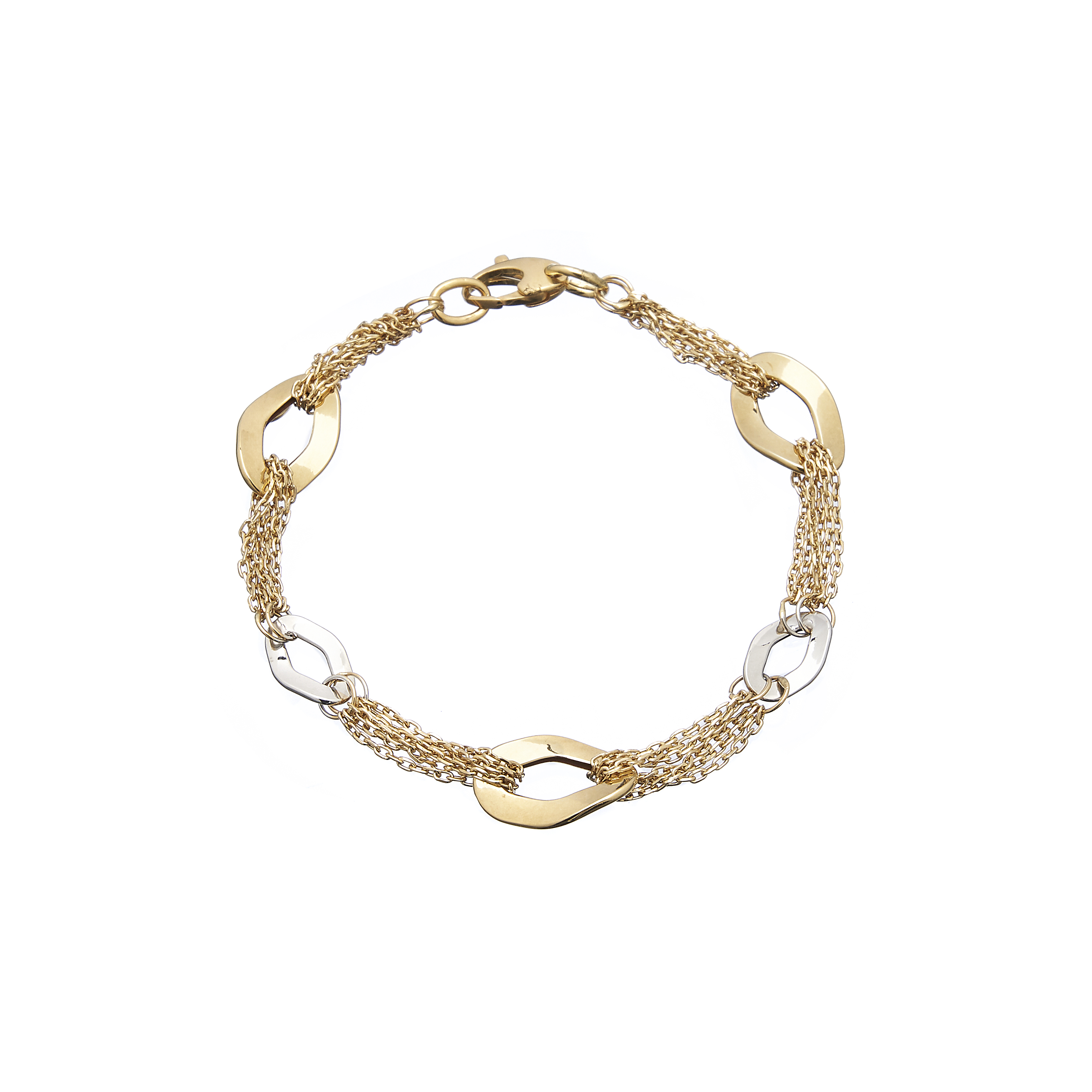 A bracelet in two colors of gold on white background