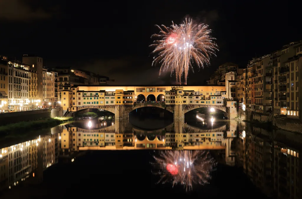 June 24, Feast of St. John - Biscioni Gioielli Fireworks over Ponte Vecchio at night for the Feast of St. John